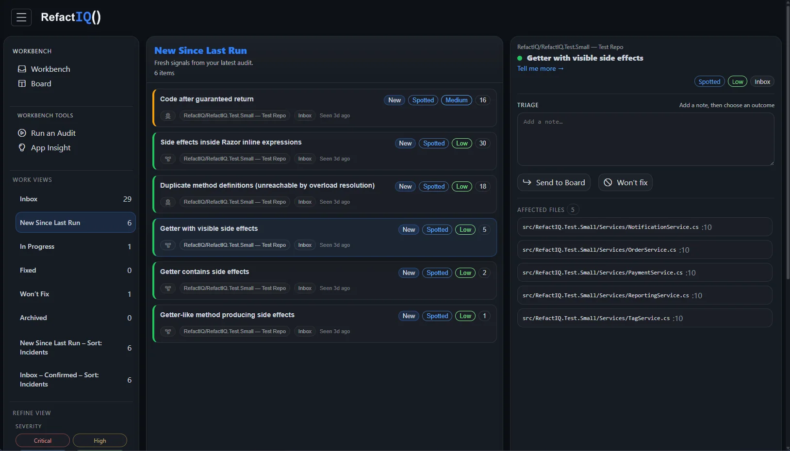 RefactIQ Workbench with finding list, affected files and triage actions